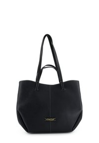 Black leather tote bag with textured finish, contrasting white stitching, and two long handles. Features a gold logo accent.