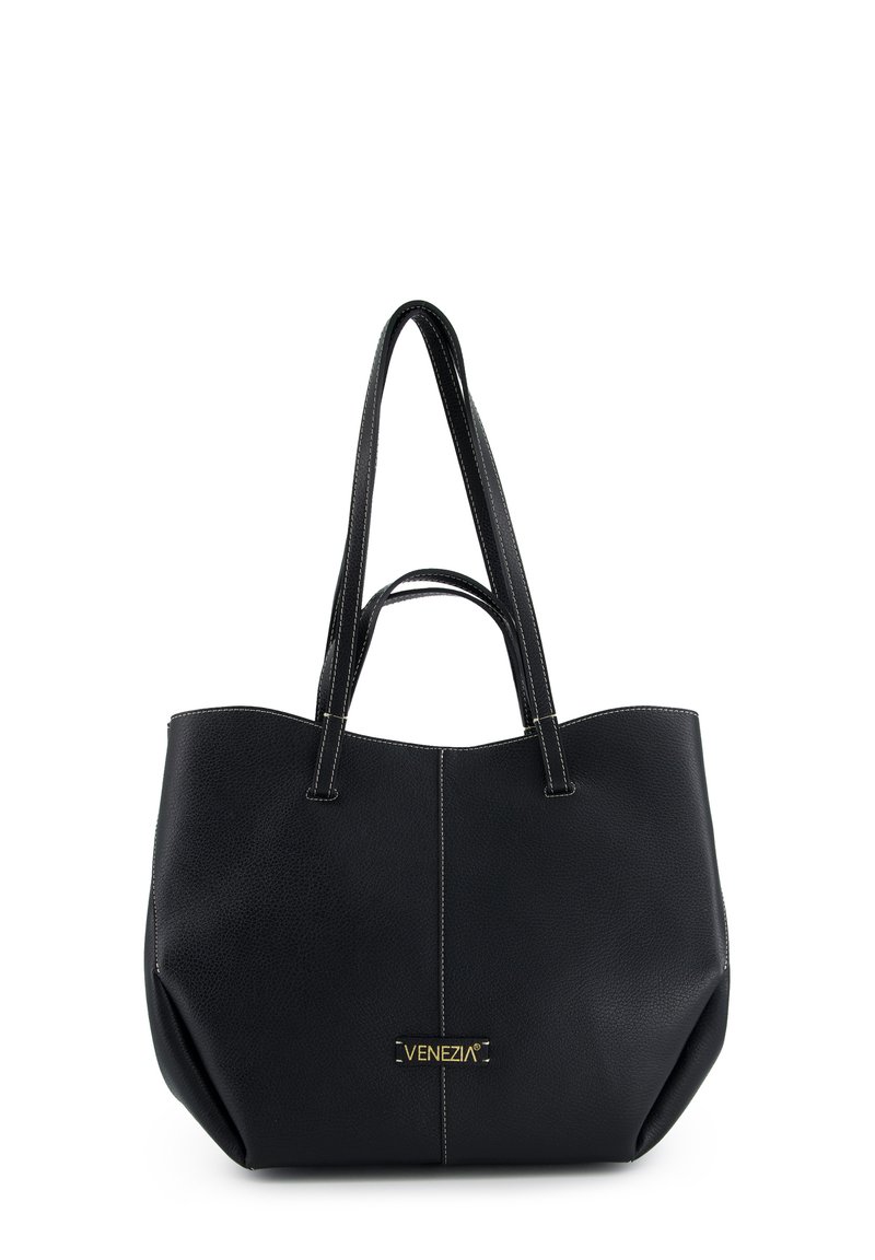 Black leather tote bag with textured finish, contrasting white stitching, and two long handles. Features a gold logo accent.