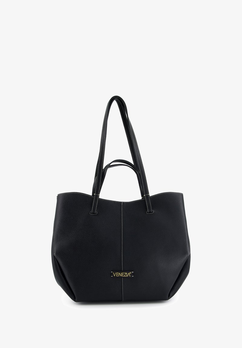 Black leather tote bag with textured finish, contrasting white stitching, and two long handles. Features a gold logo accent.