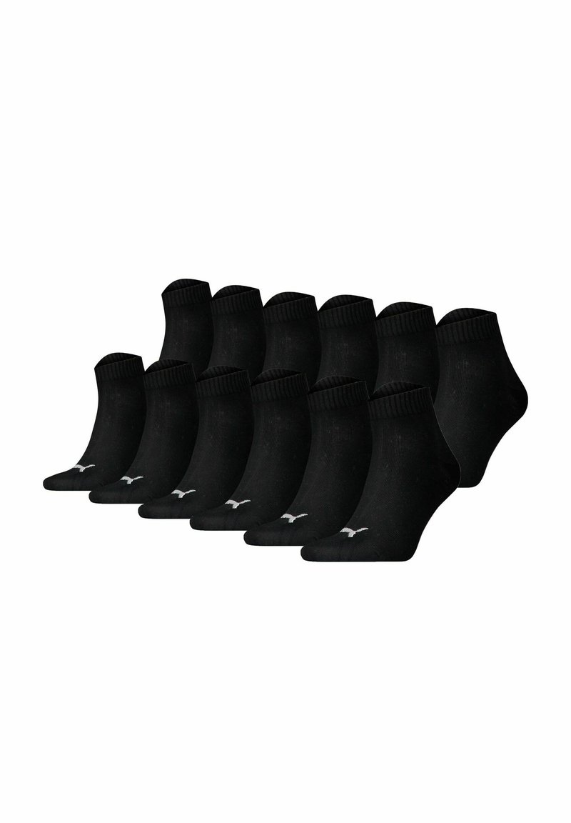 Pack of 12 black ankle socks made from soft fabric. Ribbed cuffs and logo accents in gray at the toe. Classic shape and design.
