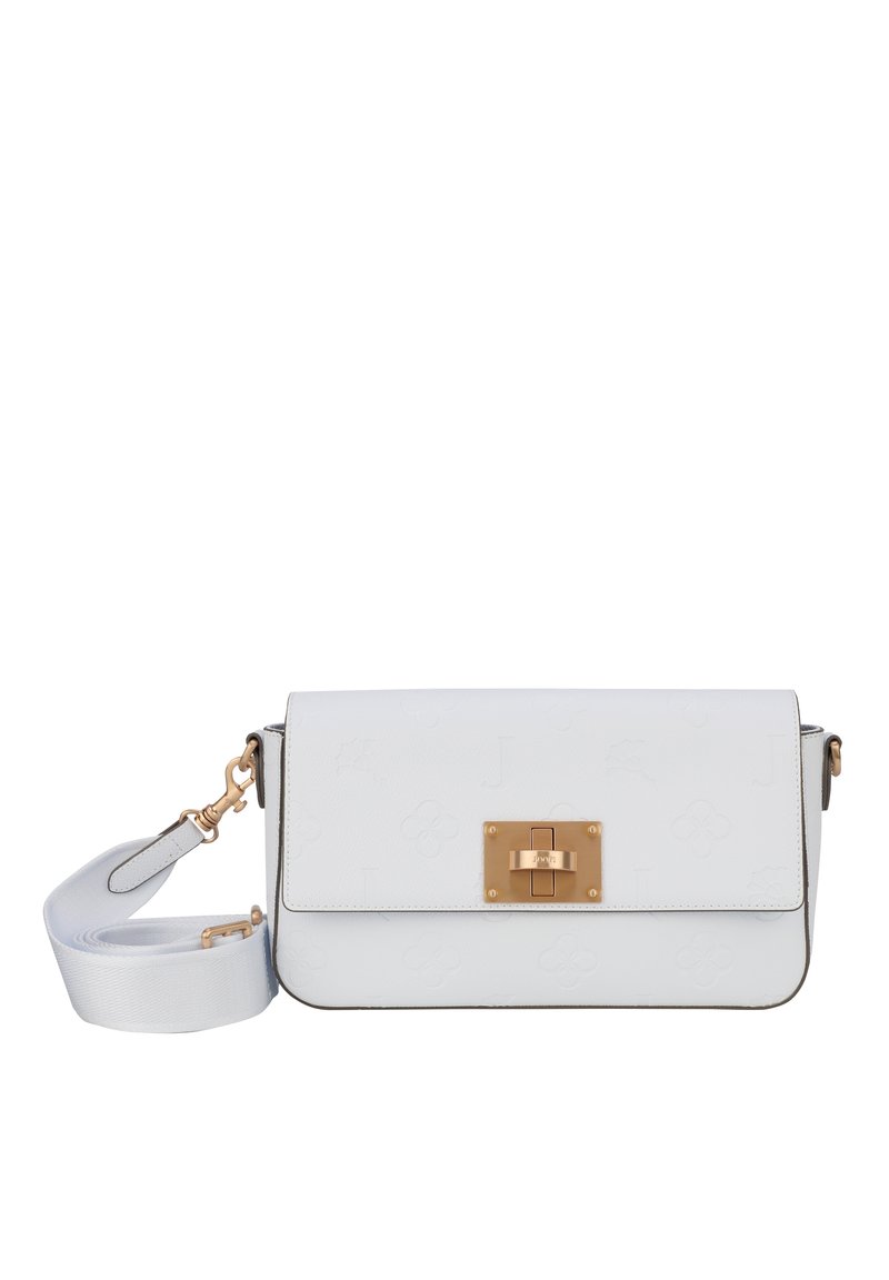 Hvid læder crossbody taske med et tekstureret mønster, guld-tone spænde lukning og aftagelig rem, der har en struktureret rektangulær form.