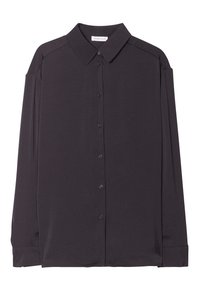 Chemise à manches longues gris foncé avec boutons, fabriquée dans un tissu lisse. Présente un col classique, des boutons sur le devant et une coupe décontractée avec des manches à poignets.