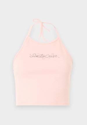 Hele roosa kaela taha seotud top, millel on rinnal "Santa Cruz" tekst, kaunistatud väikeste tähekujunditega.