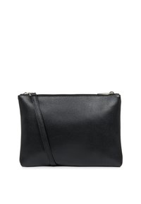 Pochette en cuir noir avec une surface texturée, forme rectangulaire, fermeture à glissière et une bandoulière amovible pour plus de polyvalence.