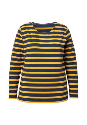 Chemise à manches longues avec des rayures horizontales bleu marine et jaune. Tissu doux, col rond et coupe standard. Pas de matériel ou d'accents notables.