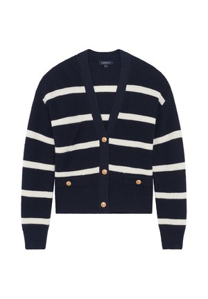 Cardigan blu navy con strisce orizzontali bianche, scollo a V, bottoni dorati lungo la parte anteriore e su due tasche frontali.