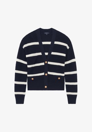 Cárdigan azul marino con rayas horizontales blancas, escote en V, botones dorados en el frente y en dos bolsillos frontales.