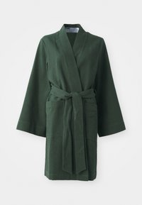 Robe en nid d'abeille vert foncé avec une ceinture, des manches larges et deux poches avant. Le matériau semble léger et respirant.