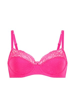 Felroze kanten beha met verstelbare bandjes, beugels en een klein strikje in het midden.