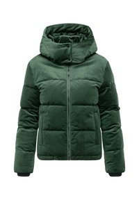 Groene gevoerde jas met een gestructureerde, fluwelen afwerking. Voorzien van een hoge kraag, ritssluiting en elastische manchetten voor warmte en comfort.