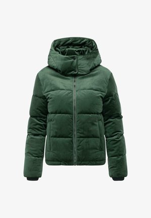 Chaqueta acolchada verde con un acabado texturizado y aterciopelado. Cuenta con un cuello alto, cierre de cremallera y puños elásticos para mayor calidez y comodidad.