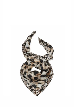 Soft fabric scarf with beige, black, and white abstract animal print, loosely twisted on a white background.