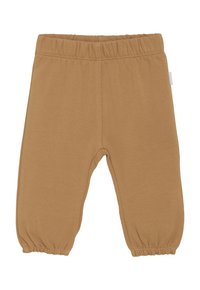 Lichtbruine peuterbroek met een elastische tailleband en elastische boorden, gemaakt van zachte stof.