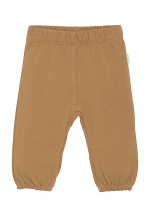 Lichtbruine peuterbroek met een elastische tailleband en elastische boorden, gemaakt van zachte stof.