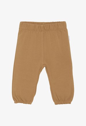 Pantalones de color marrón claro para niños pequeños, con cintura elástica y puños elásticos, hechos de un tejido suave.