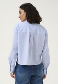 Lichtblauw en wit gestreept katoenen shirt met een cropped snit, knoopmanchetten en een rugplooidetail. Draag met blauwe denim jeans.