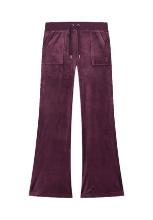 Ausgestellte Hosen aus tiefviolettem Velours. Sie verfügen über einen Kordelzugbund, zwei Fronttaschen und eine weiche Textur mit glatter Oberfläche.