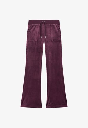 Flared broeken van diep paarse velours. Heeft een tailleband met trekkoord, twee voorzakken en een zachte textuur met een gladde afwerking.