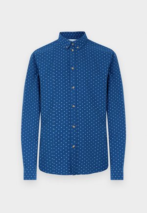 Sinised ruudulise valge mustriga pikkade varrukatega nööpidega särk, millel on klassikaline krae ja esiküljel metallnööbid.