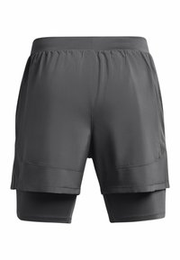 Gray athletic shorts with a layered design, featuring a lightweight outer shell and inner fitted lining. Includes mesh side panels.