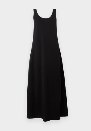 Robe maxi noire sans manches avec décolleté en arrondi et coupe ample et fluide sur un fond clair uni.