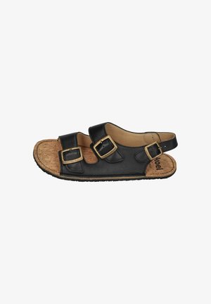 Schwarze Ledersandale mit drei verstellbaren goldenen Schnallen und Korkfußbett, offenem Zehen- und Fersendesign.