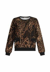 Sweat-shirt à manches longues imprimé léopard avec poignets et ourlet côtelés noirs, deux poches avant avec rabats boutonnés, et détails subtils en strass.