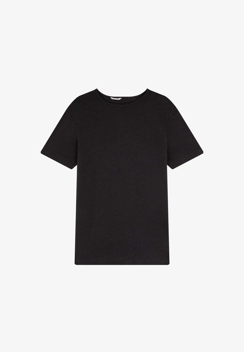 T-shirt nera in cotone, con maniche corte, scollatura a girocollo e un design semplice, privo di decorazioni, con una texture liscia.