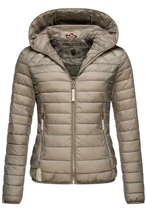 Veste matelassée marron clair avec capuche, fermeture éclair à l'avant, deux poches latérales zippées et tirettes de fermeture éclair de marque ainsi qu'étiquette intérieure.