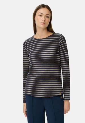 Gestreepte lange mouwen shirt in marineblauw en beige met een ronde halslijn, zachte stof en een logoaccent aan de onderkant aan de linkerkant.