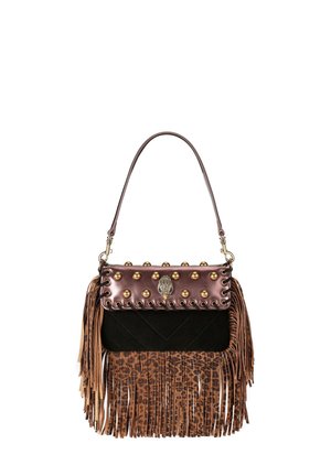 Shoulder handbag with brown leather flap studded with gold spheres, black suede body, and long leopard print fringe on sides and bottom.