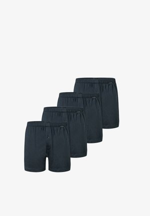Pantaloni boxer in cotone blu scuro in confezione da quattro, dotati di una cintura elastica e apertura con bottone. Texture liscia con taglio su misura.