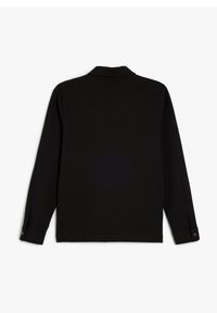 Black long-sleeve shirt with a collar, featuring buttoned cuffs and a smooth, consistent texture. No patterns or additional details.
