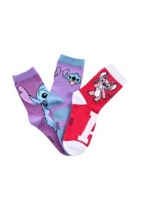 Tres pares de calcetines de algodón, con personajes de dibujos animados en púrpura y rojo. Un calcetín presenta un personaje azul con orejas grandes y una lengua rosa.