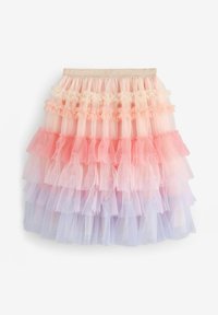 Gonna di tulle arricciata con strati in tonalità degradé dal rosa al lavanda, con una vita elastica e luccicante e una texture morbida e leggera.