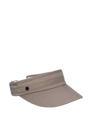 Béžová šiltovka s textilným slnečným štítom, širokým zakriveným okrajom a nastaviteľným zadným remienkom, s malým čiernym okrúhlym gombíkom na boku.