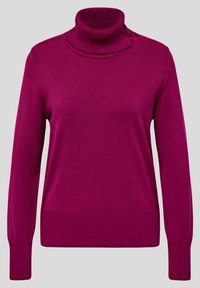 Fuchsia Rollkragenpullover aus geripptem Strickstoff mit langen Ärmeln und einer seitlichen Knopfdetaillierung am Kragen.