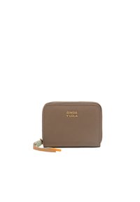 Brown leather wallet with zip closure, embossed logo on front, and a patterned zipper pull with an orange accent. Compact rectangular design.