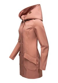 Light pink, mid-length jacket with a large hood, front zipper, and two large side pockets. Smooth, textured fabric with logo detail.