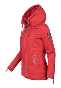 Red jacket featuring a detachable hood, zippered pockets, and a textured fabric finish. Visible logo patch on the left sleeve.