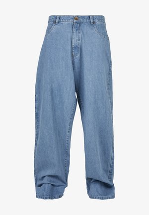 Světle modré džíny s volným střihem, zapínáním na knoflíky, předními kapsami a ohrnutým lemem, s klasickým designem pěti kapes.