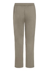 Locker sitzende Hose in hellolivgrün mit elastischem Bund und glatter Stofftextur, geeignet für legere Outfits oder zum Entspannen.