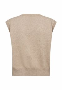 Bézs színű, ujjatlan felső lekerekített nyakkivágással, puha kötött anyagból és bordázott szegéllyel. Tiszta hátoldali kialakítással és finom varrásrészletekkel rendelkezik.