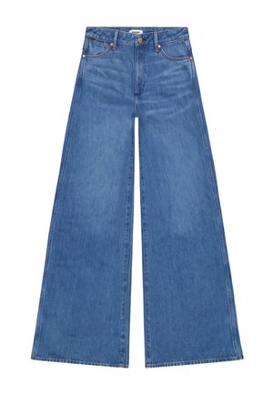 Μπλε τζιν παντελόνι με ψηλή μέση και φαρδιά γραμμή, με εμπρός τσέπες, κούμπωμα με κουμπί, θηλιές ζώνης και εμφανείς ραφές.