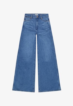 Blue high-waisted wide-leg jeans with front pockets, button closure, belt loops, and visible stitching details.