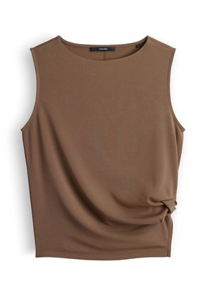 Top marrone senza maniche con scollo rotondo e dettaglio nodo laterale, disteso su sfondo bianco.