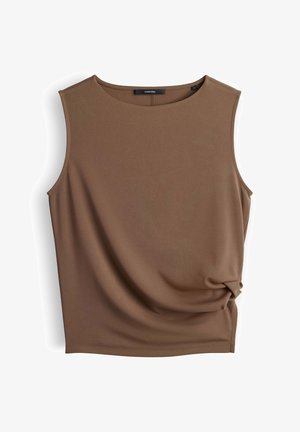 Top marron sans manches avec encolure ronde et détail de nœud sur le côté, à plat sur fond blanc.