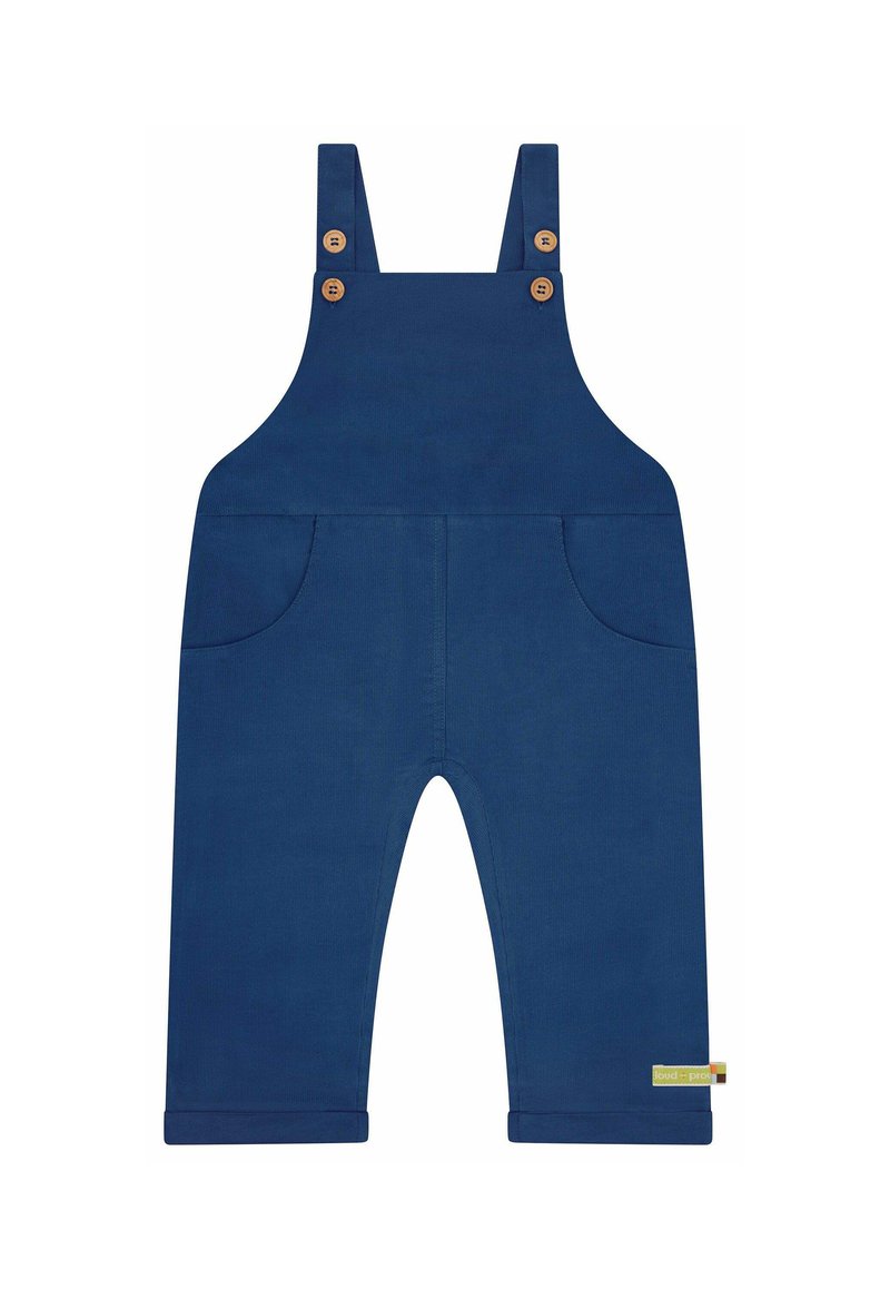 Salopette per bambino di colore blu navy con bottoni di legno sugli spallacci, tasche frontali e pantaloni con risvolto, esposte su uno sfondo bianco.