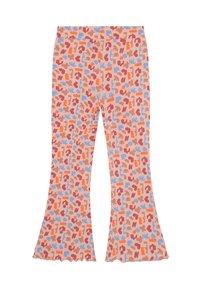 Flared leggings in een lichtroze patroon met verschillende abstracte vormen in rood, blauw en bruin. Gemaakt van een zachte, rekbare stof.