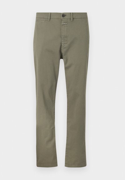 Olive green pants made of cotton blend fabric, featuring a zip fly, button closure, and side pockets. Straight leg design with smooth texture.